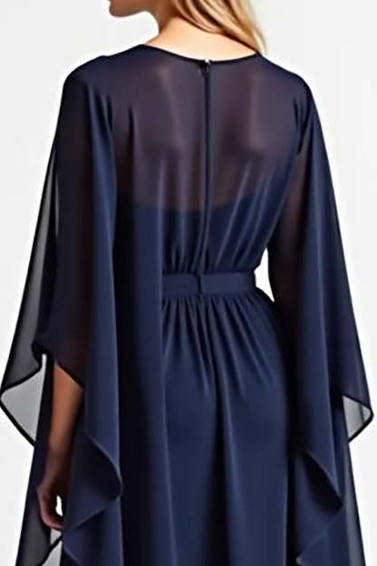 Navy Chiffon V Neck Long Mother of the Bride Dress with Ruffles