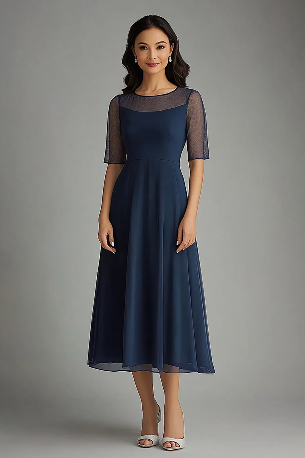 Leely Women Navy Chiffon A Line Mother of the Bride Dress Illsion Neck Short Sleeves Ankle Length Wedding Guest Dress