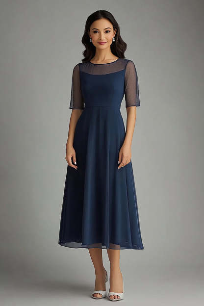 Leely Women Navy Chiffon A Line Mother of the Bride Dress Illsion Neck Short Sleeves Ankle Length Wedding Guest Dress