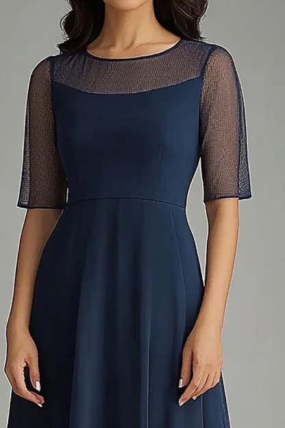 Navy Chiffon A Line Illsion Neck Tea Length Mother of the Bride Dress