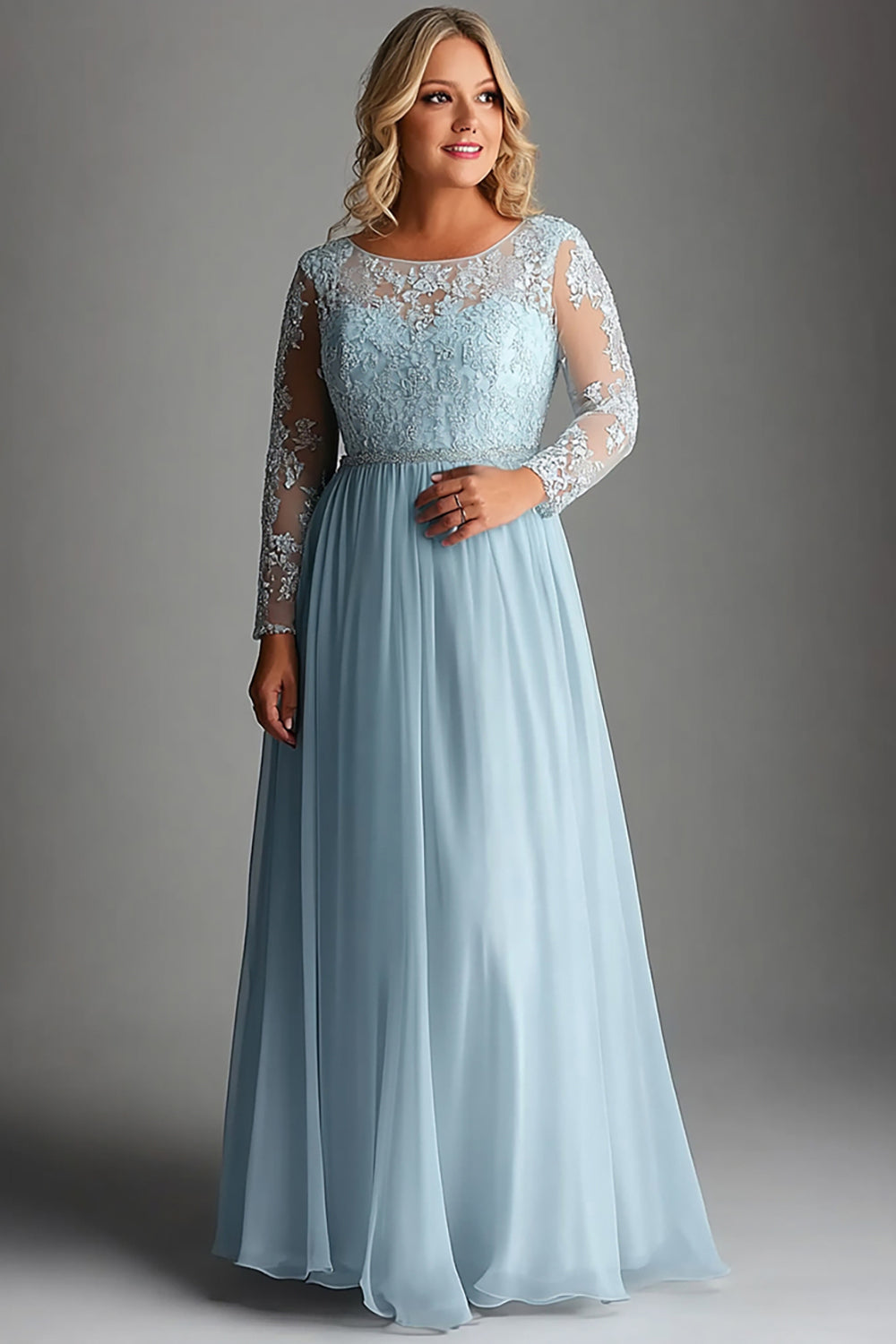 Leely Women Sky Blue Plus Size A Line Chiffon Mother of the Bride Dress with Lace Appliques Long Sleeves Scoop Neck Wedding Guest Dress