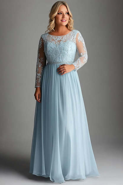 Leely Women Sky Blue Plus Size A Line Chiffon Mother of the Bride Dress with Lace Appliques Long Sleeves Scoop Neck Wedding Guest Dress