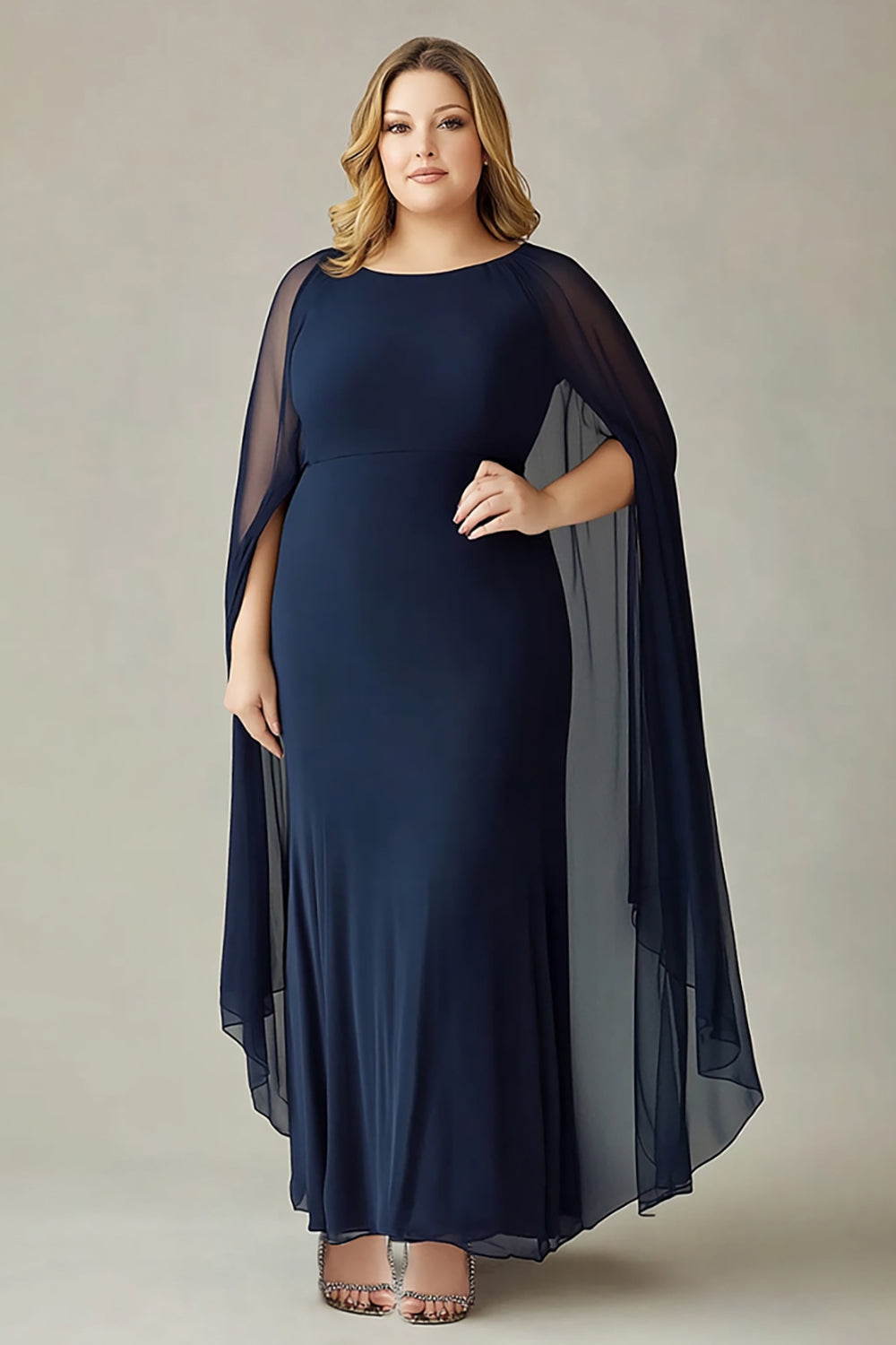 Navy Plus Size Chiffon Mother of the Bride Dress with Maxi Cape