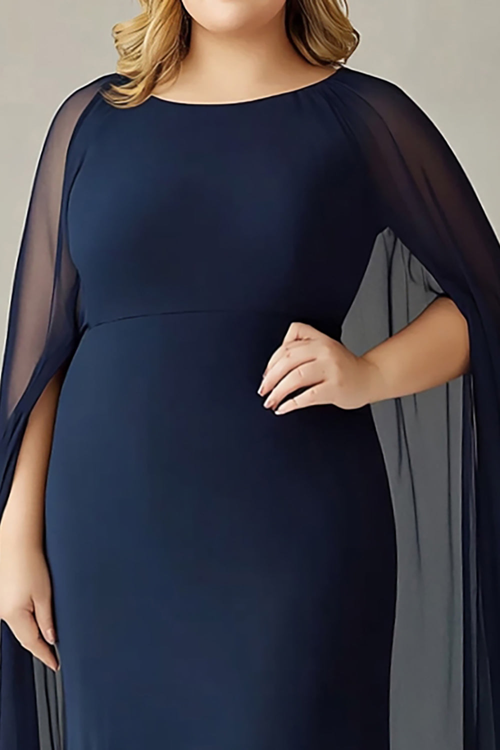 Navy Plus Size Chiffon Mother of the Bride Dress with Maxi Cape