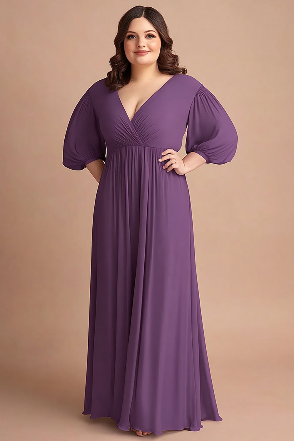 Leely Women Plum Plus Size A Line Chiffon Long Mother of the Bride Dress Pleated Long Sleeves V-Neck Wedding Guest Dress