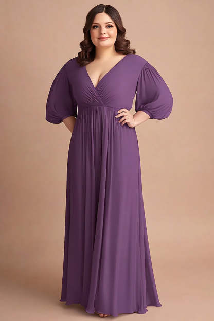 Leely Women Plum Plus Size A Line Chiffon Long Mother of the Bride Dress Pleated Long Sleeves V-Neck Wedding Guest Dress