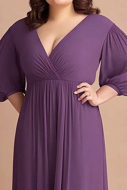 Plum Plus Size V-Neck Chiffon Long Mother of the Bride Dress