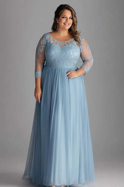 Leely Women Plus Size A Line Sky Blue Long Tulle Mother of the Bride Dress with Lace Scoop Neck Long Sleeves Wedding Guest Dress