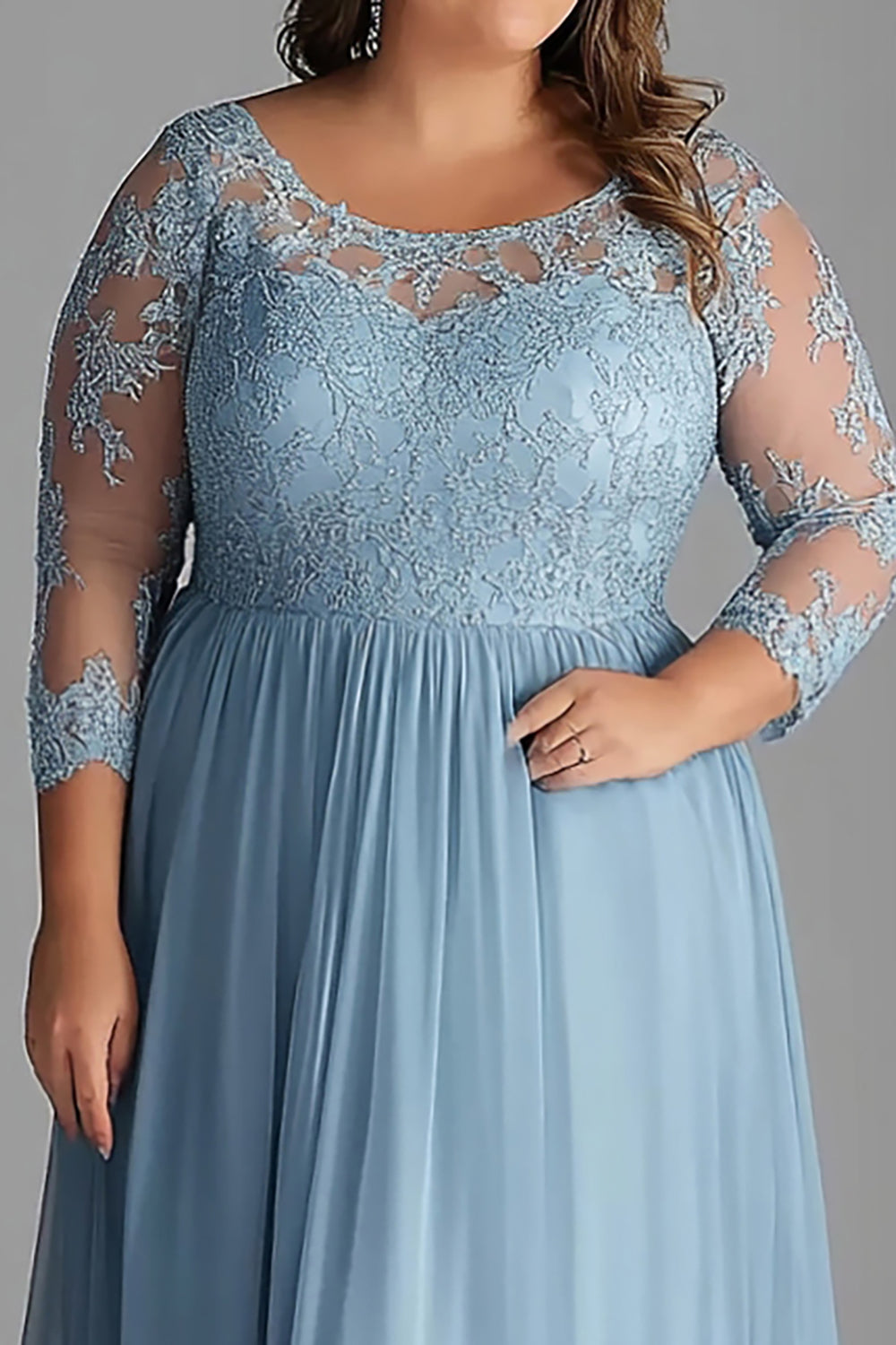 Plus Size Sky Blue Long Tulle Mother of the Bride Dress with Lace
