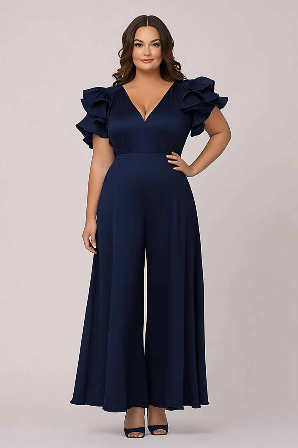 Leely Women Navy Plus Size Chiffon Mother of the Bride Jumpsuit with Ruffles V-Neck Loose Maxi Wedding Guest Jumpsuit