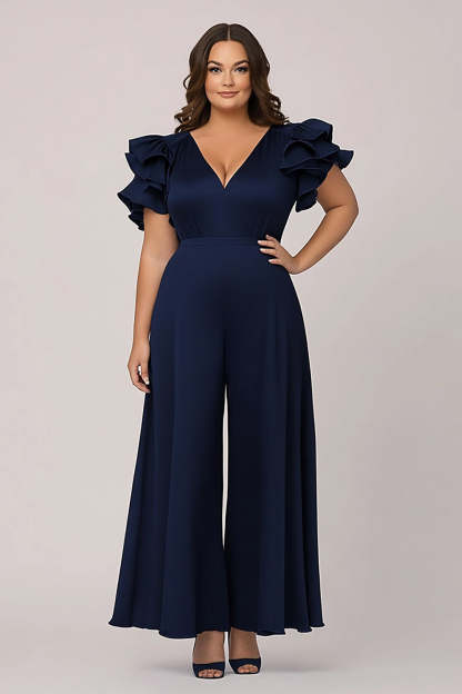 Leely Women Navy Plus Size Chiffon Mother of the Bride Jumpsuit with Ruffles V-Neck Loose Maxi Wedding Guest Jumpsuit