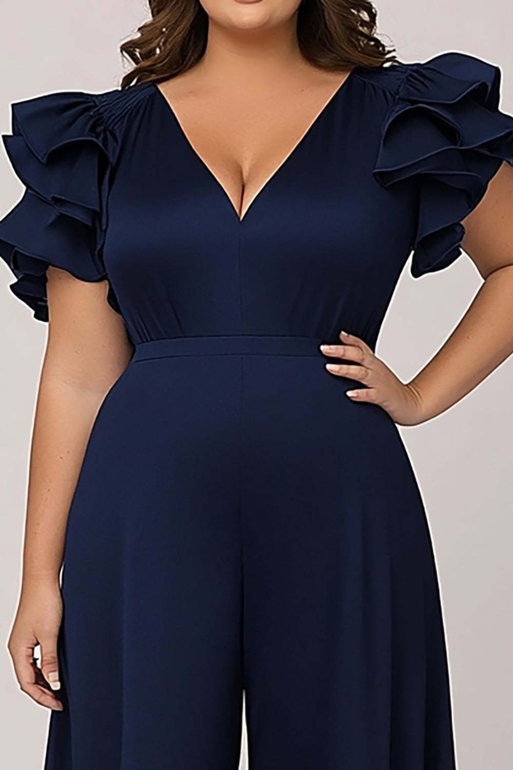 Navy Plus Size V-Neck Chiffon Loose Mother of the Bride Jumpsuit