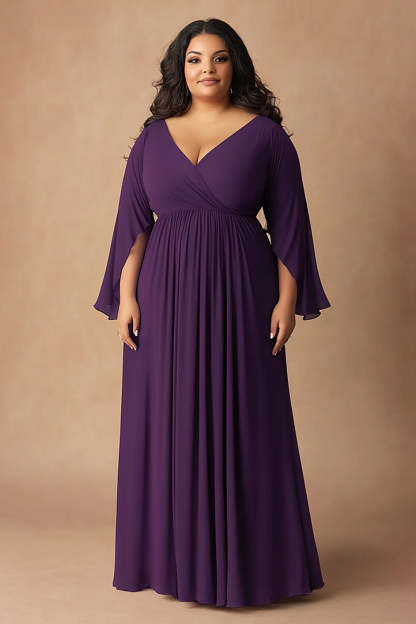 Leely Women Dark Purple Plus Size Chiffon Pleated Mother of the Bride Dress Long Sleeves V-Neck Long Wedding Guest Dress