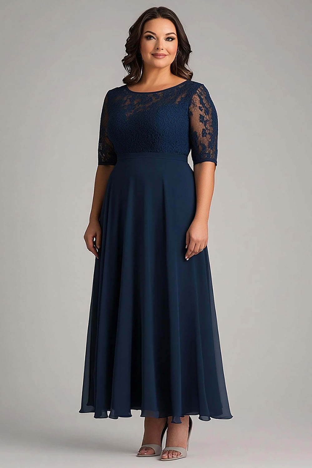 Leely Women Navy A Line Long Plus Size Mother of the Bride Dress with Lace Half Sleeves Scoop Chiffon Wedding Guest Dress