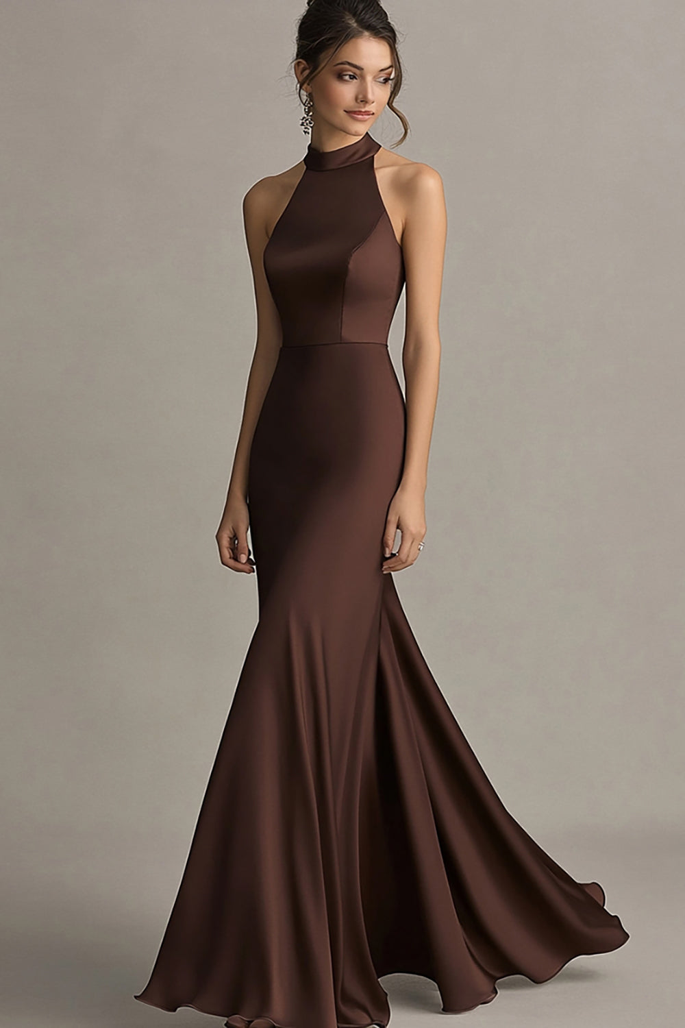 Coffee Mermaid High Neck Sleeveless Long Formal Dress