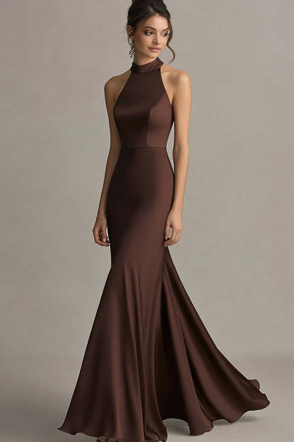 Coffee Mermaid High Neck Sleeveless Long Formal Dress