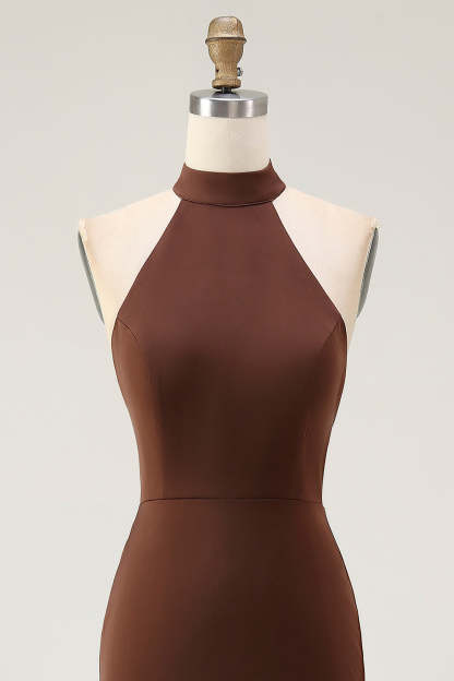 Coffee Mermaid High Neck Sleeveless Maxi Formal Dress