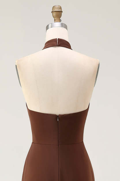 Coffee Mermaid High Neck Sleeveless Maxi Formal Dress