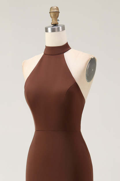 Coffee Mermaid High Neck Sleeveless Maxi Formal Dress