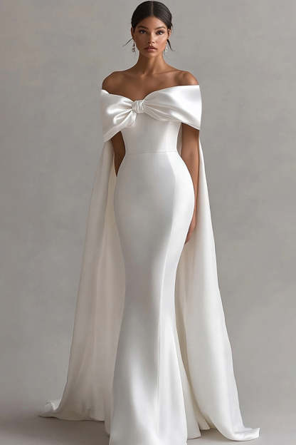 Ivory Satin Mermaid Watteau Train Long Wedding Dress with Bow