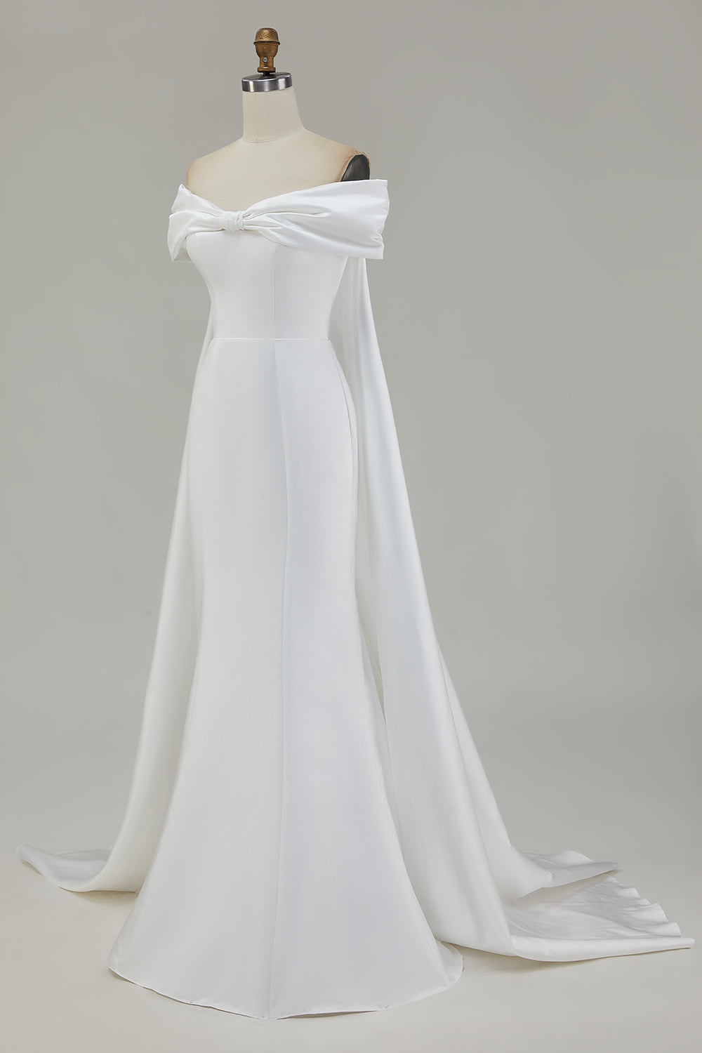 Ivory Satin Mermaid Watteau Train Long Wedding Dress with Bow