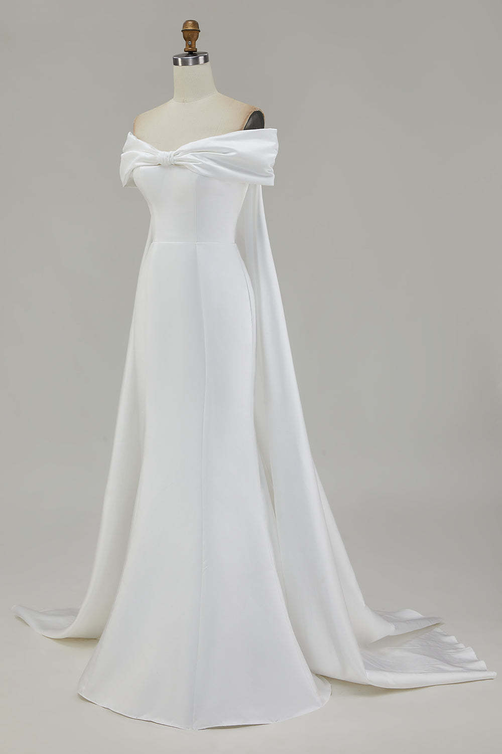 Ivory Satin Mermaid Watteau Train Long Wedding Dress with Bow