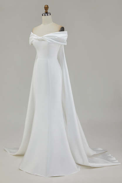 Ivory Satin Mermaid Watteau Train Long Wedding Dress with Bow