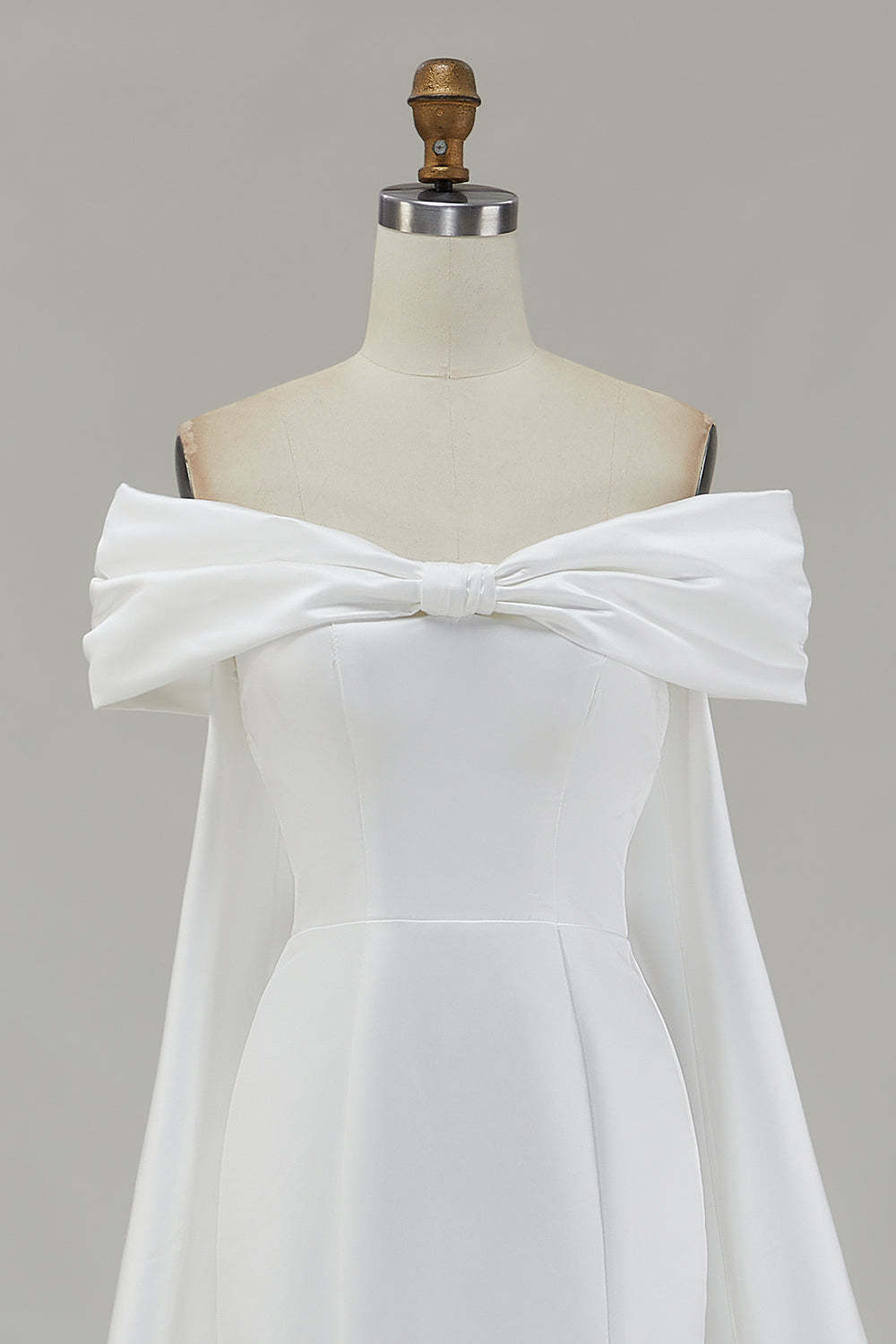 Ivory Satin Mermaid Watteau Train Long Wedding Dress with Bow