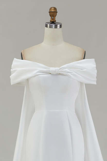 Ivory Satin Mermaid Watteau Train Long Wedding Dress with Bow