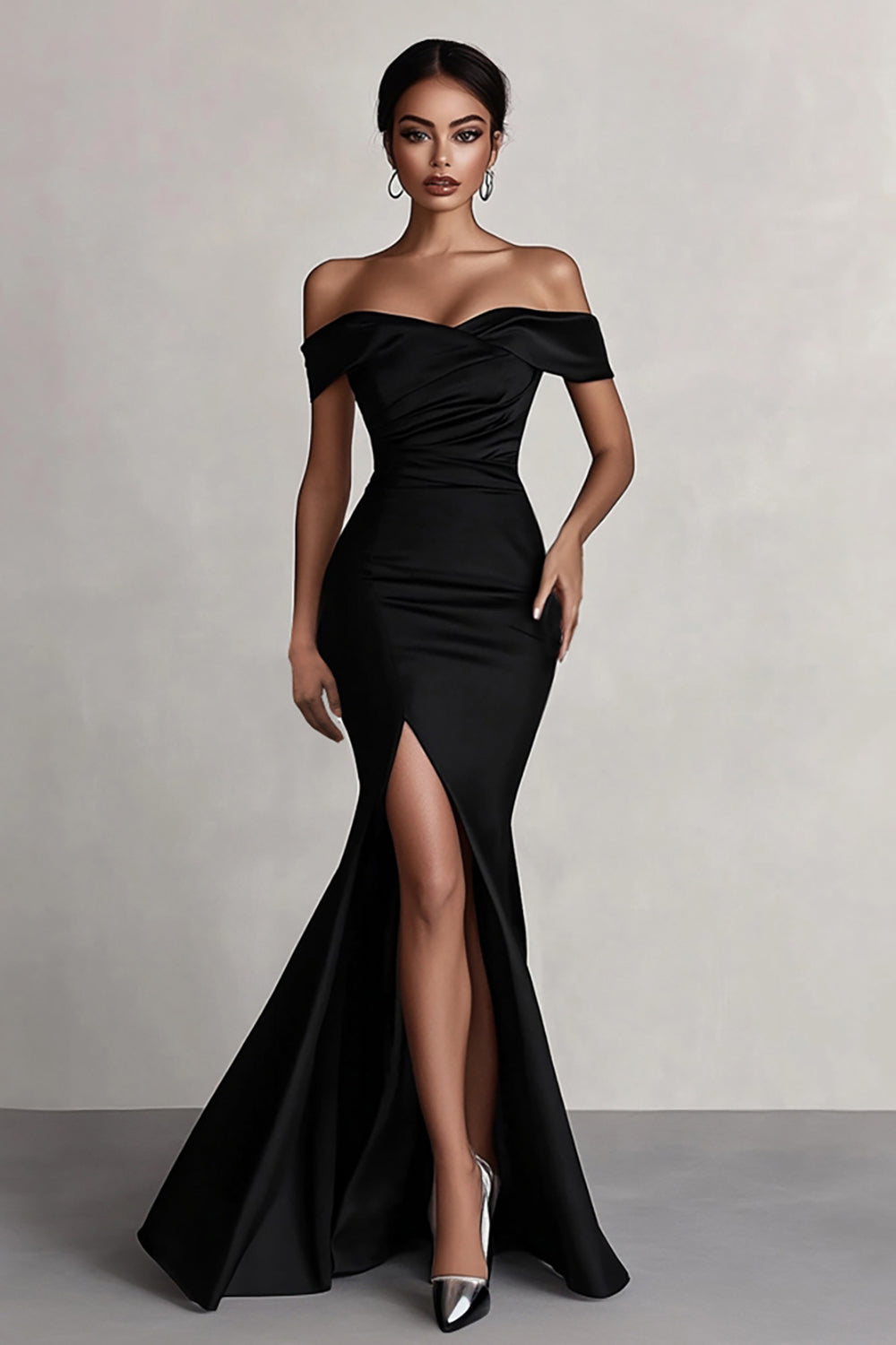 Leely Women Maxi Black Formal Dress with Slit Off the Shoulder Mermaid Evening Dress