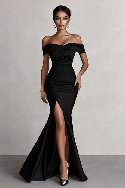 Leely Women Maxi Black Formal Dress with Slit Off the Shoulder Mermaid Evening Dress