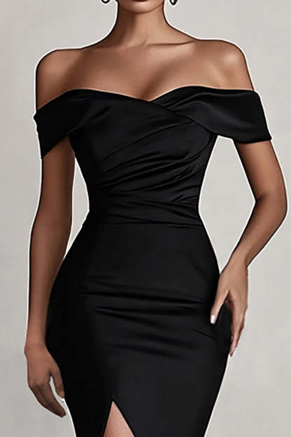 Off the Shoulder Mermaid Maxi Black Formal Dress with Slit
