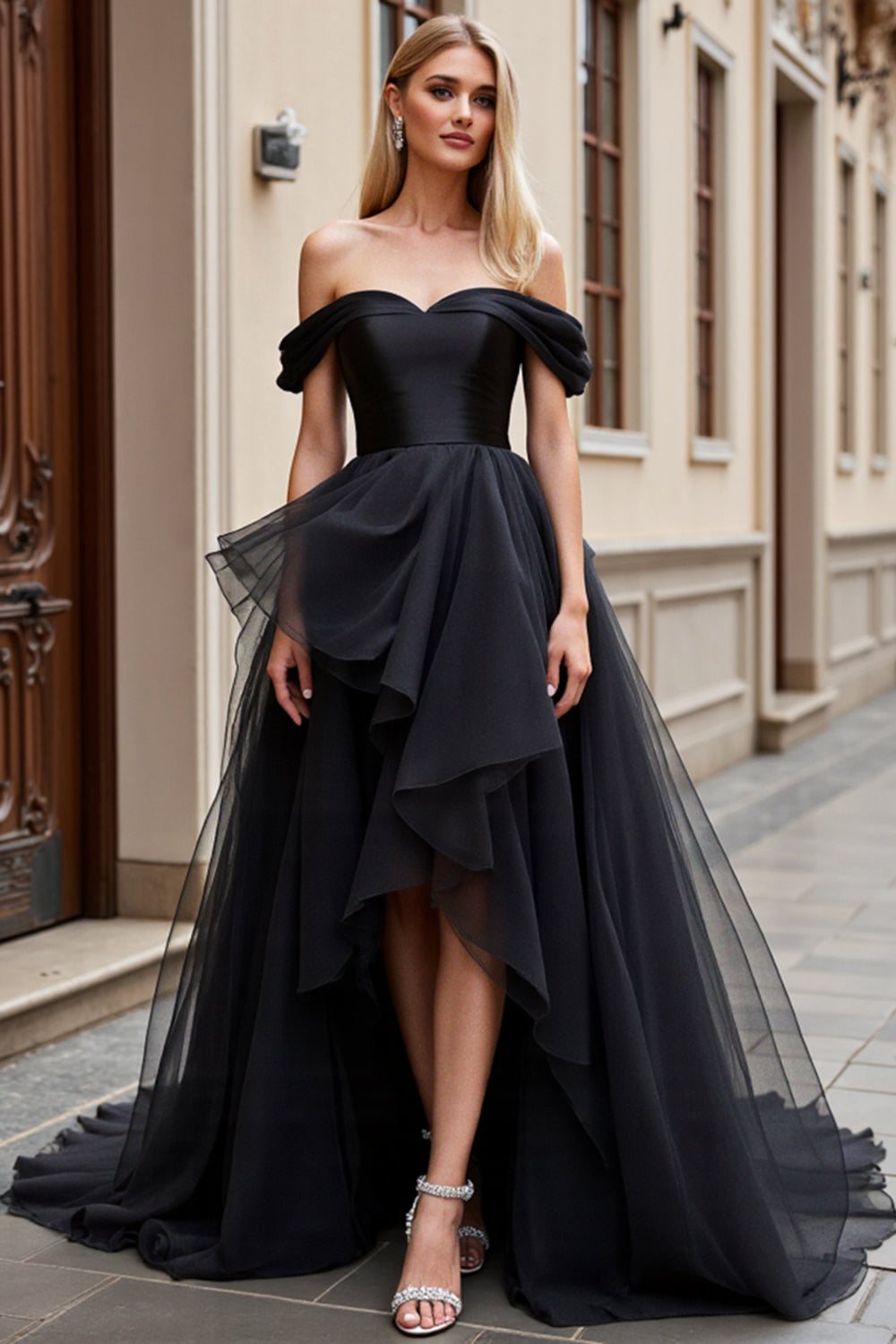 Black Ball Gown Sweep Train High Low Wedding Dress with Ruffles