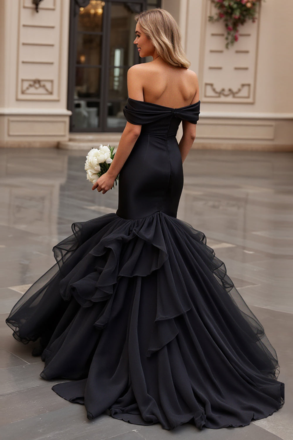 Gorgeous Black Satin Sweep Train Mermaid Wedding Dress with Ruffles