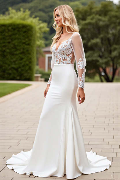 Mermaid Ivory Satin Sweep Train V Neck Wedding Dress with Applique