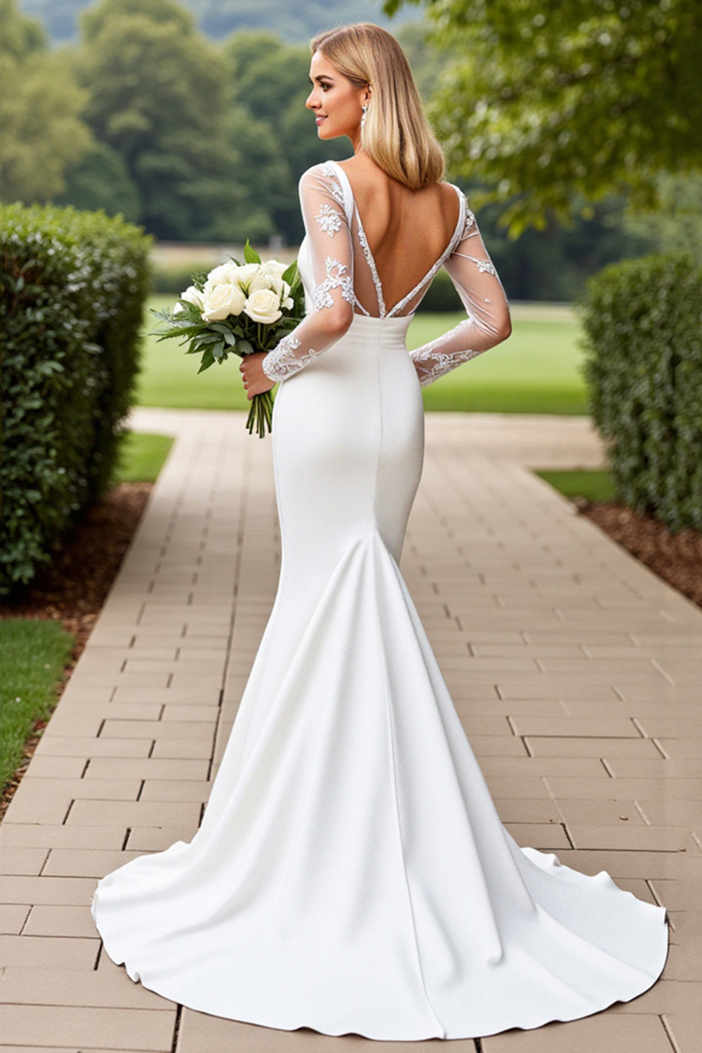 Ivory Satin Square Neck Long Sleeves Sweep Train Mermaid Wedding Dress