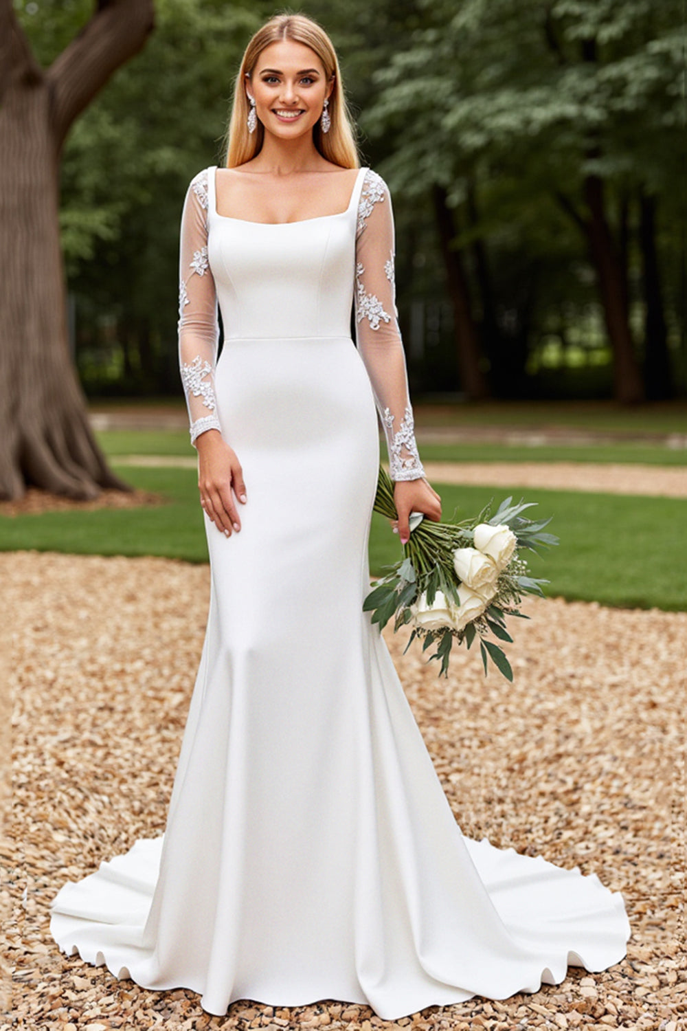 Ivory Satin Square Neck Long Sleeves Sweep Train Mermaid Wedding Dress