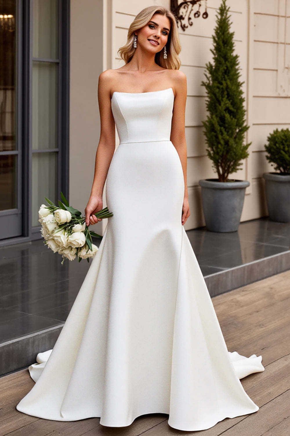 Leely Women Ivory Satin Mermaid Sweep Train Wedding Dress Simple Sleeveless Backless Strapless Bridal Dress