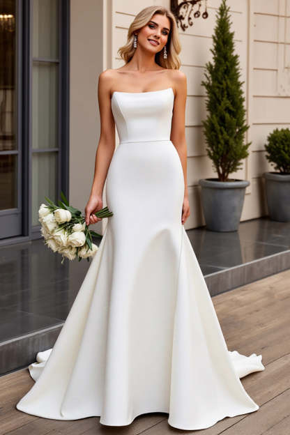 Leely Women Ivory Satin Mermaid Sweep Train Wedding Dress Simple Sleeveless Backless Strapless Bridal Dress