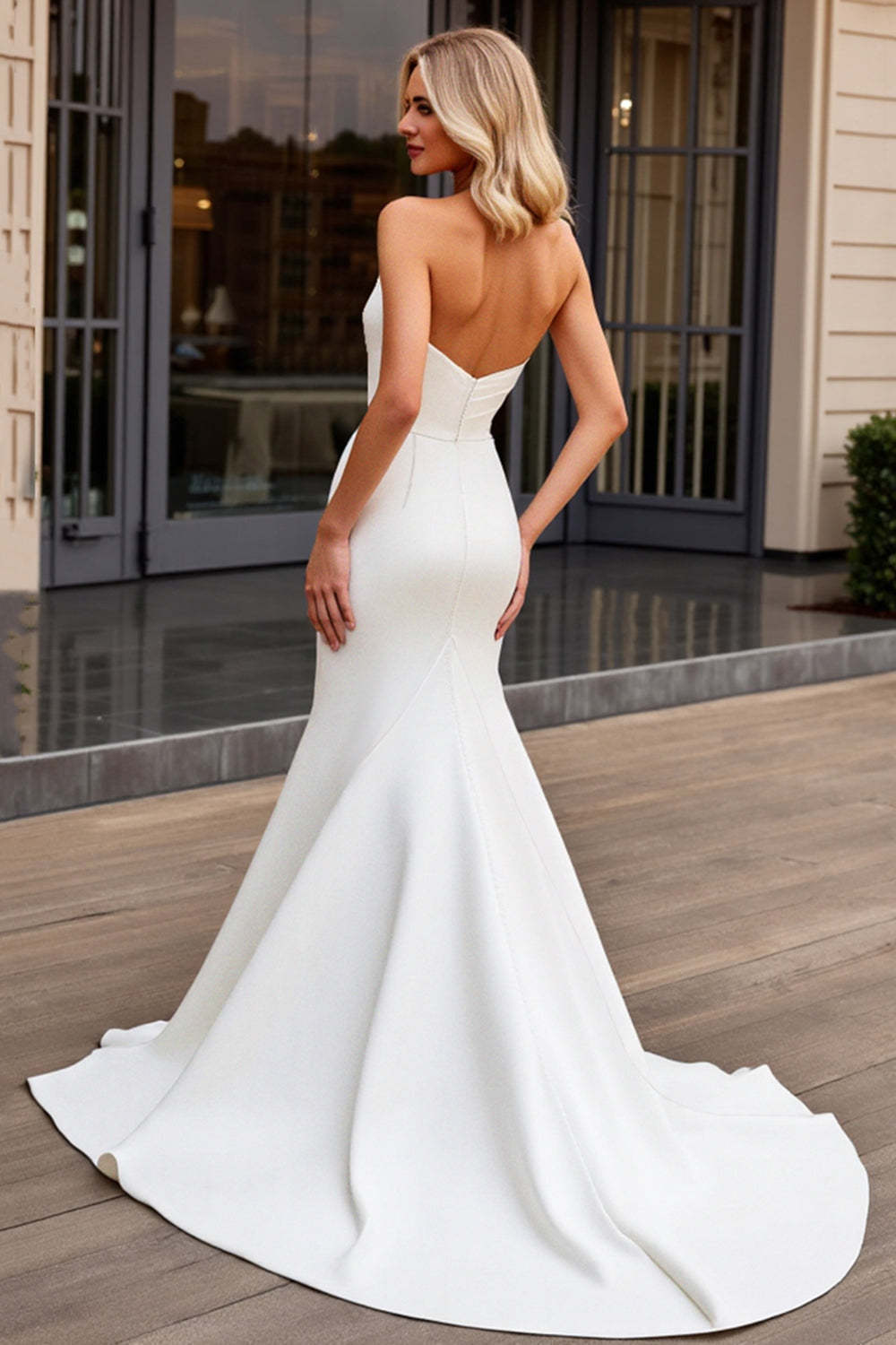 Simple Ivory Mermaid Satin Strapless Sweep Train Wedding Dress
