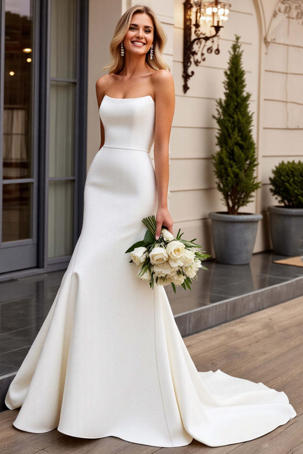 Simple Ivory Mermaid Satin Strapless Sweep Train Wedding Dress