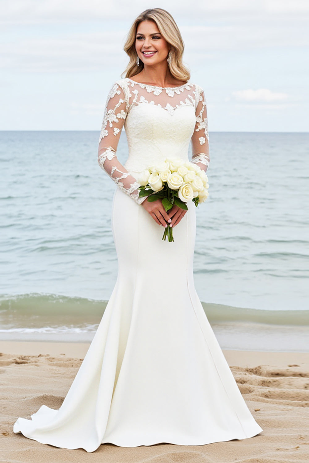 Ivory Satin Illusion Neck Mermaid Sweep Train Wedding Dress with Applique