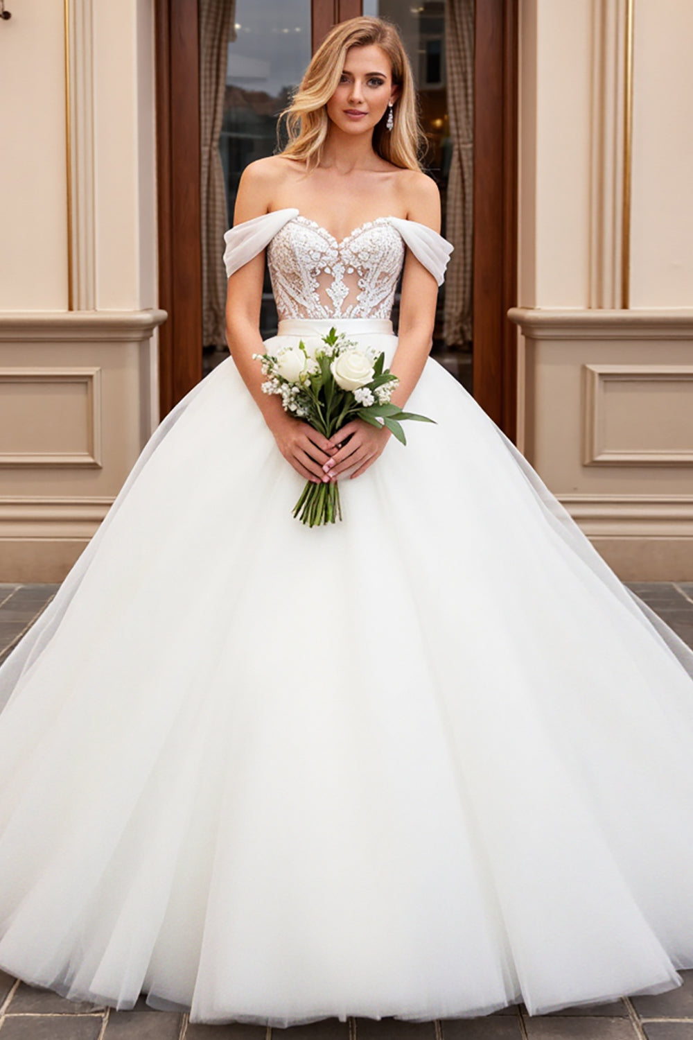 Ivory Ball Gown Off the Shoulder Sweep Train Tulle Wedding Dress