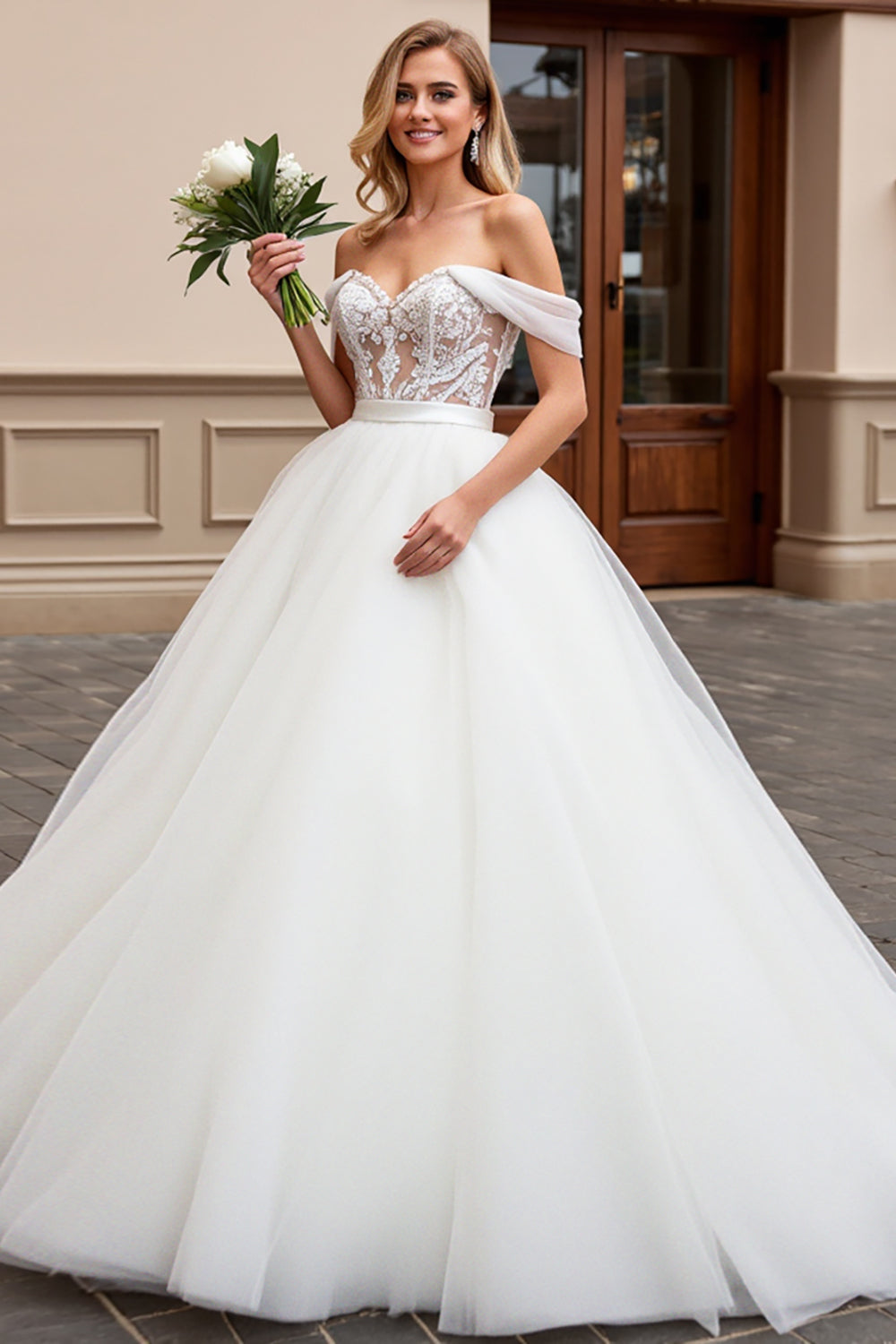 Ivory Ball Gown Off the Shoulder Sweep Train Tulle Wedding Dress