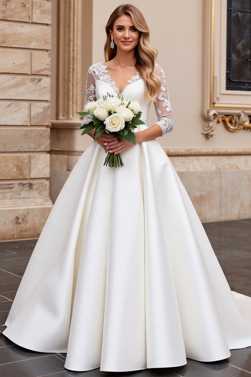 Ivory Satin Ball Gown V Neck Sweep Train Wedding Dress with Lace