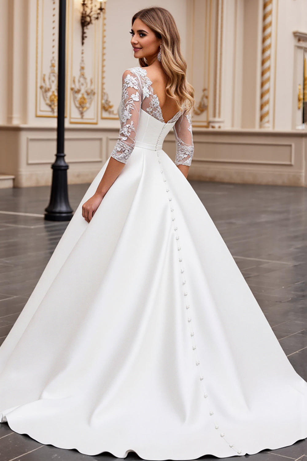 Ivory Satin Ball Gown V Neck Sweep Train Wedding Dress with Lace