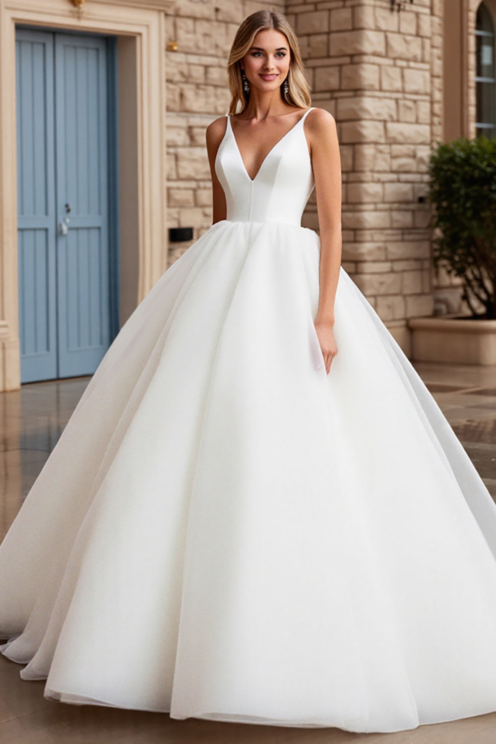 Ivory Ball Gown V Neck Spaghetti Straps Sweep Train Wedding Dress