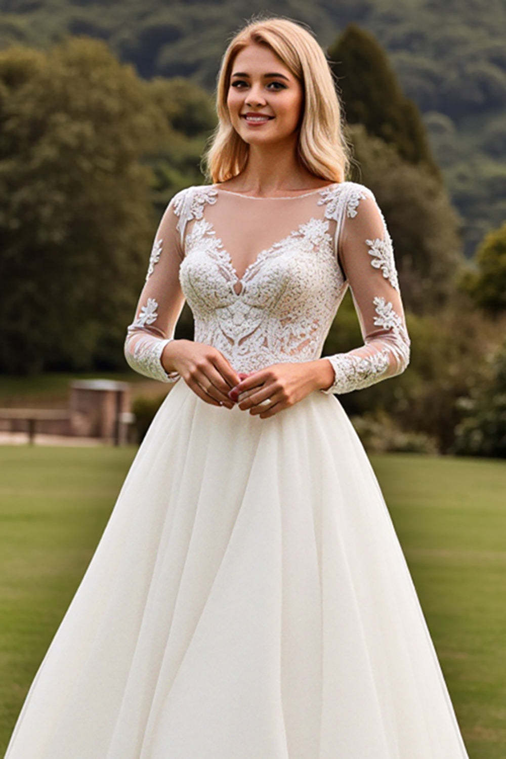 Ivory A Line Boat Neck Long Sleeves Sweep Train Wedding Dress with Lace