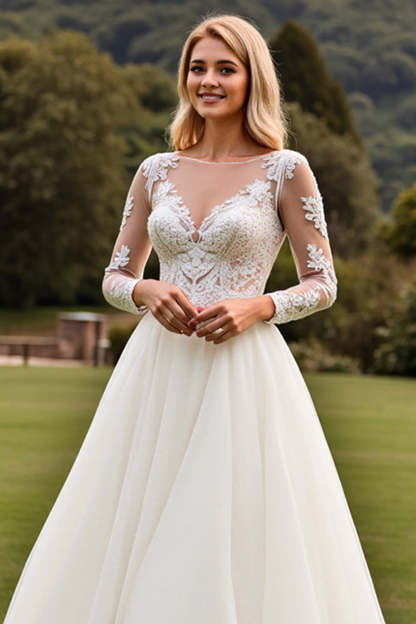 Ivory A Line Boat Neck Long Sleeves Sweep Train Wedding Dress with Lace