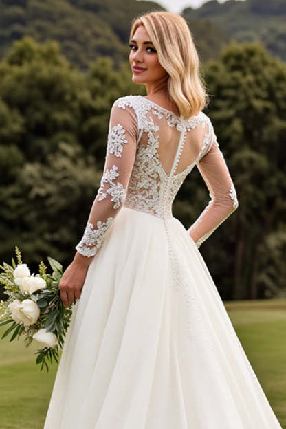 Ivory A Line Boat Neck Long Sleeves Sweep Train Wedding Dress with Lace